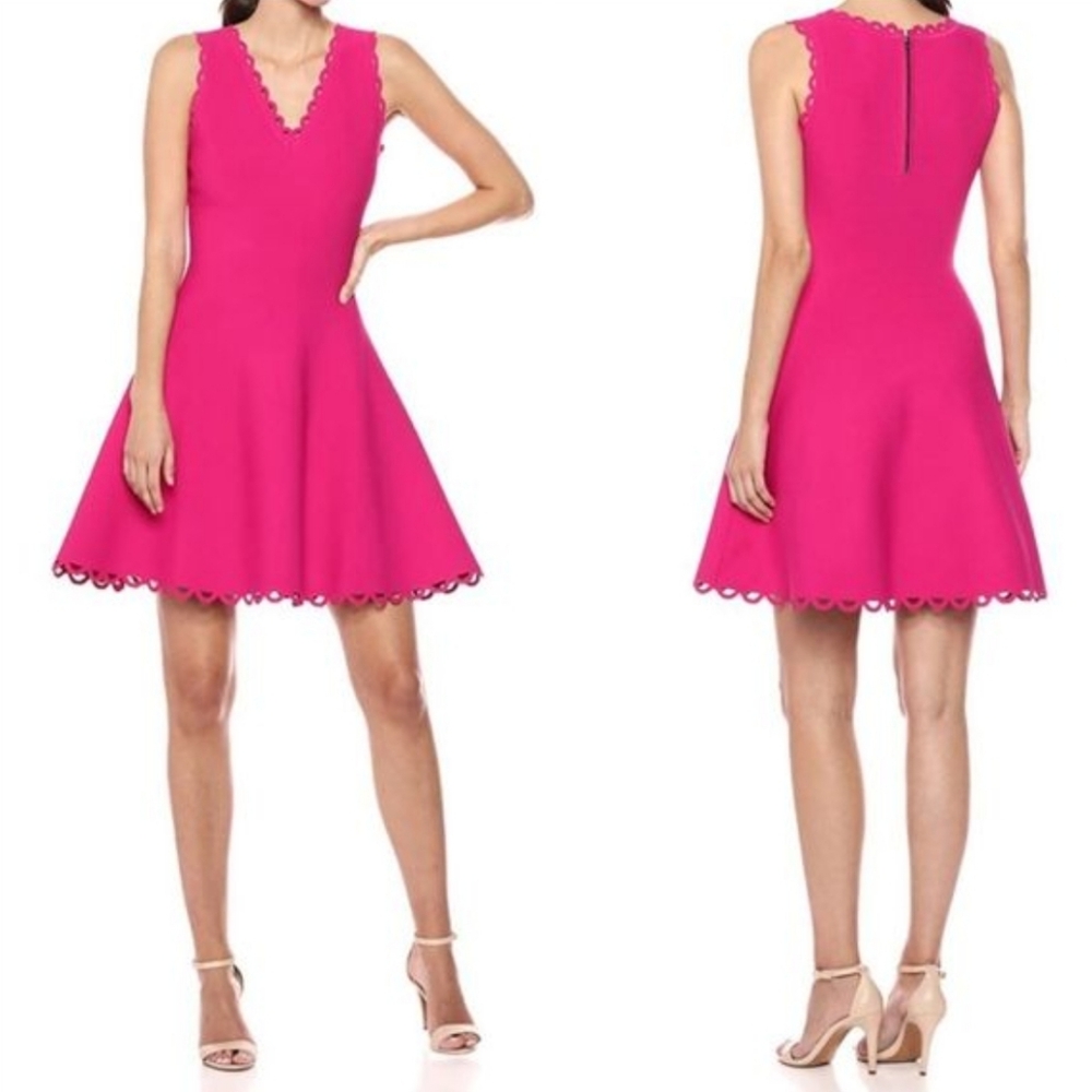 Milly Fit & Flare Mini Dress Knit Eyelet Scalloped Trim Hot Pink Size S Barbie